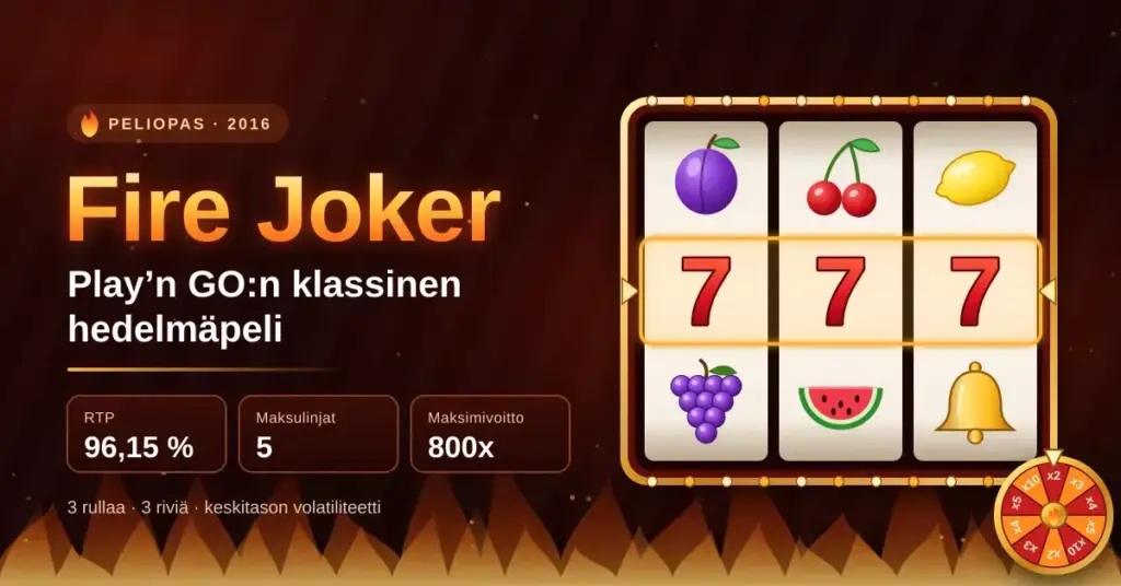 Tulinen kuvituskuva, jossa näkyvät Fire Joker -otsikko, klassisen hedelmäpelin 3x3-rullasto, jonka voittorivillä on kolme punaista seitsemää, kertoimien onnenpyörä sekä pikafaktat: RTP 96,15 %, 5 maksulinjaa ja maksimivoitto 800x.