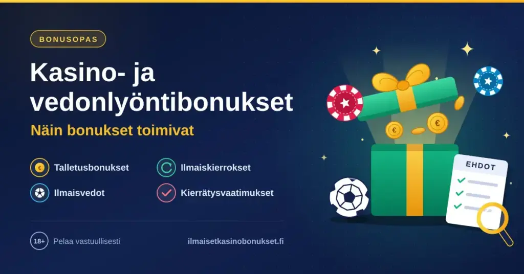 Kuvituskuva, jossa avautuvasta lahjapaketista nousee kultakolikoita pelimerkkien, jalkapallon ja suurennuslasin alla olevan ehtolistan ympäröimänä, ja vieressä on otsikko ”Kasino- ja vedonlyöntibonukset – näin bonukset toimivat”.