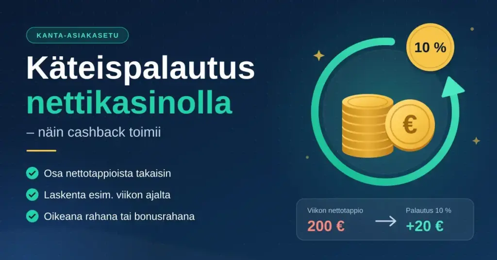 Grafiikka, jossa otsikko "Käteispalautus nettikasinolla – näin cashback toimii", kolikkopino ja euron kolikko palautusnuolen sisällä, 10 %:n merkki sekä esimerkki, jossa 200 euron viikon nettotappiosta palautetaan 20 euroa.
