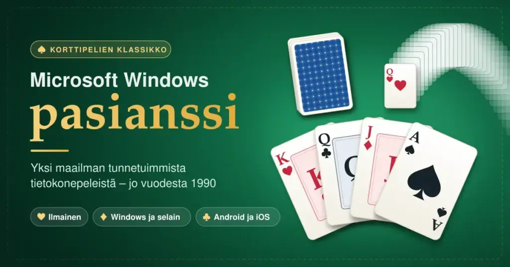 Vihreällä pelipöydällä viuhkana olevat pelikortit, korttipakka ja lentävä kortti sekä teksti "Microsoft Windows pasianssi – yksi maailman tunnetuimmista tietokonepeleistä jo vuodesta 1990".